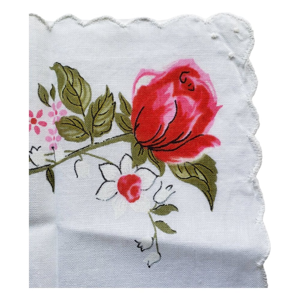 Vintage Ladies Handkerchief /Hankies Pink Red Scalloped Roses Butterflies - Picture 3 of 5